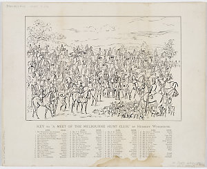 A meet of the Melbourne Hunt Club, 1893 / Drawn from Life and Lithographed by Herbert Woodhouse. Printed by Ferguson & Mitchell