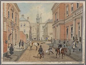 Melbourne, 1880: a street scene, probably Bank Place, 1...