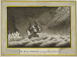 H.M.S. Sirius weathering Tasmans-head, 1791 / George Ra...