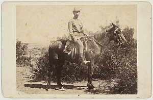 Henry Vere Barclay, explorer, on horseback, 188- / phot...
