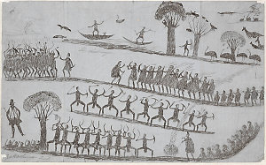 [Views of a corroboree and hunting scenes]