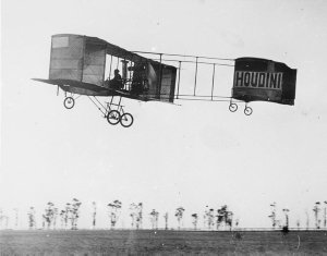 Houdini airborne in his Voisin at Diggers Rest, March 1...