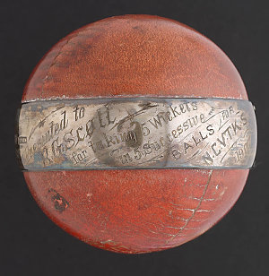 [Cricket ball] presented to R. G. Scott ... 1907