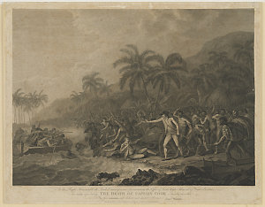 The death of Captain Cook, 1784 / drawn by J. Webber ; the figures engraved by F. Bartolozzi; the landscape by W. Byrne