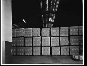 Cartons of beer stacked on pallets at Tooheys' plant (A...