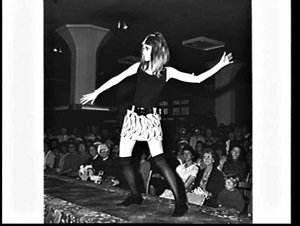 Fashion parade with model Annette McMartin in mini-skir...