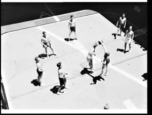 Volleyball on the aircraft lift of HMAS Sydney during R...