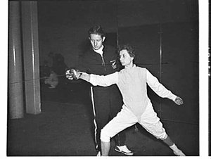 Female fencing champion, Sydney Town Hall