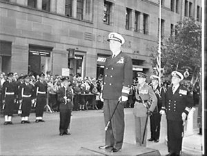 Wreath-laying ceremony, Coral Sea Week 1966, Cenotaph, ...