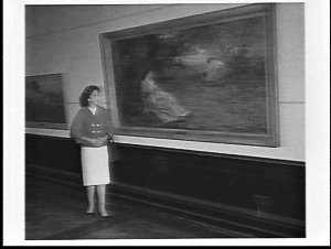 Miss Wagga Wagga views the McCubbin painting On the wal...
