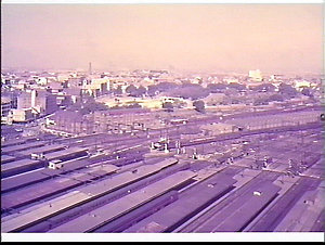 Bird's-eye view of the platforms and railway yard taken...