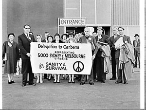 Ban-the-bomb delegation at Mascot holding a banner read...