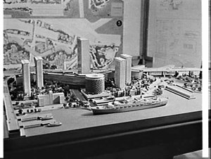 Architectural models from various firms submitted to Sydney Council for the redevelopment of the Rocks displayed in the AMP Building
