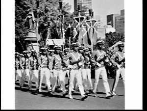 Australian Armed Forces, some in historic uniforms, and sailors from foreign navies march as part of the Captain Cook Bi-Centenary Celebrations, Sydney