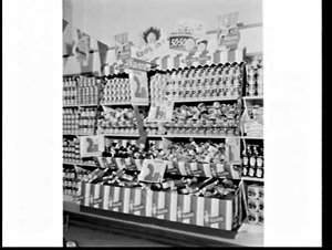 Kia-ora display of bottled and tinned food at the G. & ...