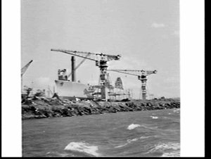 HMAS Torrens on the slipway before her launch 28 Septem...