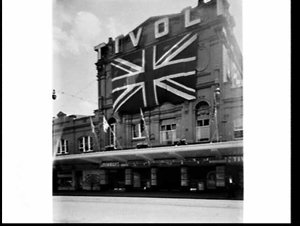 Tivoli Theatre decorated with large Union Flag (and sho...