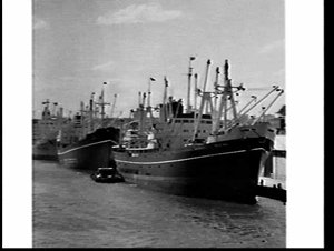 P. & O. Line cargo-passenger ship Aradina berthed at 10...