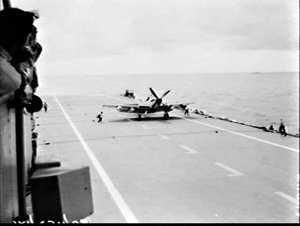 Fairey Firefly lands on HMAS Sydney during Royal Austra...