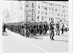 Army march from Martin Place past Governor Sir Roden Cu...