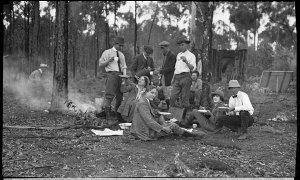 Meal break during filming of The Man from Snowy River a...
