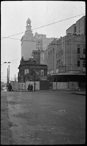 Criterion Theatre being demolished, corner Park and Pit...
