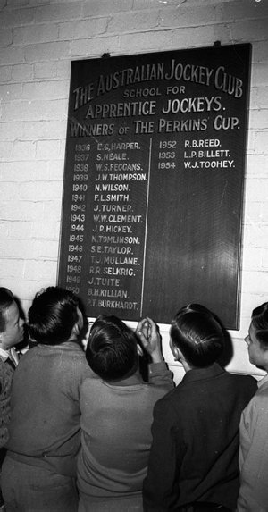 Apprentice jockeys view the Perkins Cup honour roll in ...