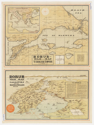 Robur tea war map, Turkish Empire : Robur war map, Gallipoli and the Dardanelles : bird's eye view / issued for the Robur Tea Co. by Farrow Falcon Press ; lithographed by Cyril Dillon.