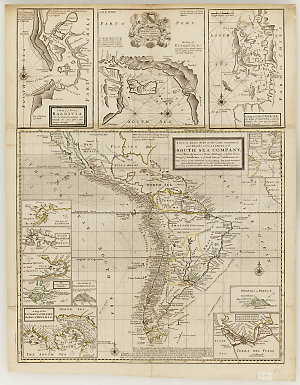 A new & exact map of the coast, countries and islands within ye limits of ye South Sea Company [cartographic material] : from ye river Aranoca to Terra del Fuego, and from thence through ye South Sea, to ye north part of California &c. with a view of the general and coasting trade-winds and perticular draughts of the most important bays, ports &c. / by Herman Moll.