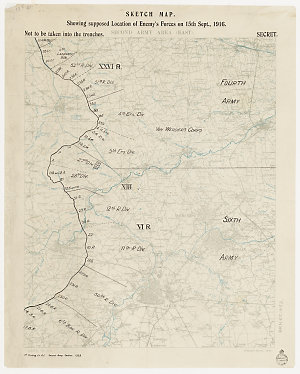 Sketch map showing supposed location of enemy's forces on 15th Sept., 1916 [cartographic material] : Second Army area (East) / Geographical Section, General Staff ; 1st Printing Co. R.E.
