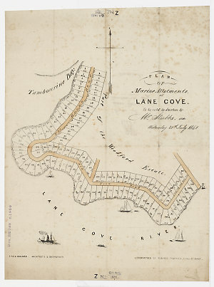 Plan of marine allotments at Lane Cove [cartographic material] to be sold by Mr. Stubbs, on Wednesday 28th July, 1841 / Bird & Chalmer, architects & surveyor's [i.e. surveyors] ; lithographed by W. Baker, engraver, King St. East.
