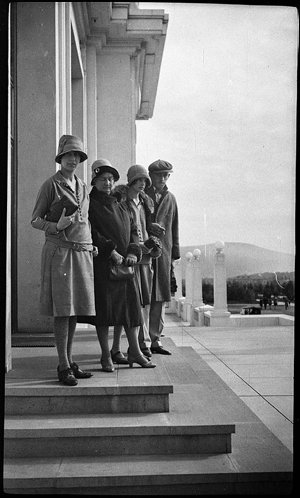 Perier and party on the steps of Parliament House, Canb...
