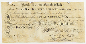 Item 650a: Bank of New South Wales, share certificate, sixty pounds, 1818