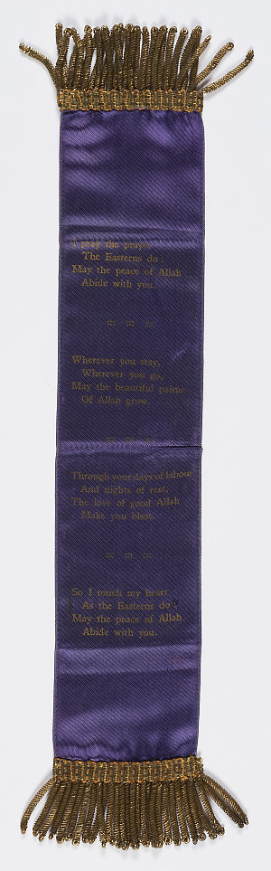 [Purple satin bookmark with gold braides inscribed with...