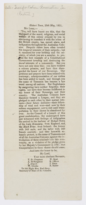 [Protest to the Secretary of State for the Colonies ove...