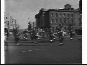 Newington College (bugle and drum) band on parade in Sy...