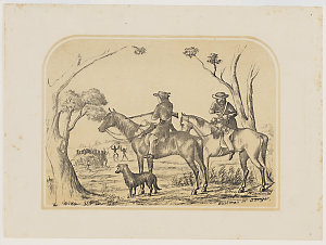 Bushmen in Danger. [A view of two mounted men preparing...