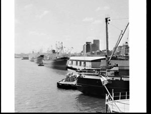 P. & O. Line cargo-passenger ship Aradina berthed at 10...