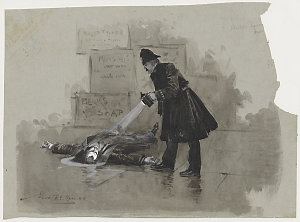 Scene of a crime on a wet night, 1893 / Percy Frederick...