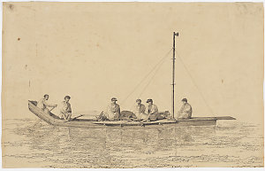 [Canoe and men of Tahiti, ca. 1777 / drawn by John Webb...