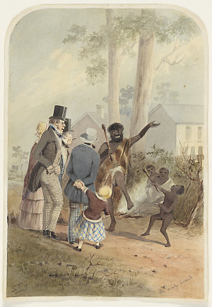 The newly arrived: a scene showing aborigines dancing b...