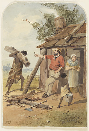 The colonized: a scene showing aborigines carrying wood...