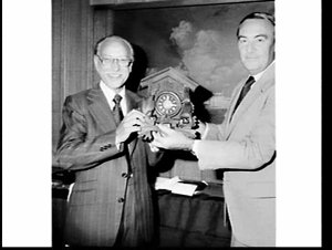 Presentation of a cuckoo clock to unidentified P. & O. ...