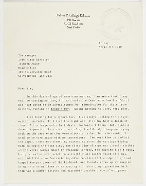 Letter from Colleen McCullough Robinson to The Manager,...