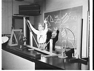 Professor Julius Sumner Miller photographed in his labo...