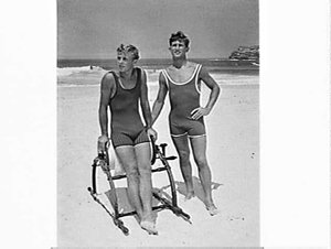 Male fashion models in Jantzen swimming costumes, Bondi
