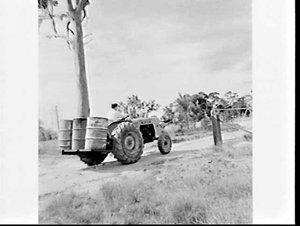 Fiat tractor carrying 44 gallon oil drums on a farm