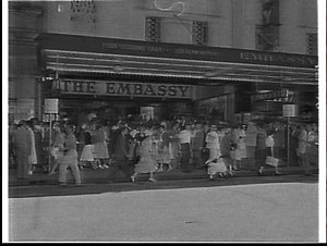 Exterior of Embassy Theatre advertising the film The re...