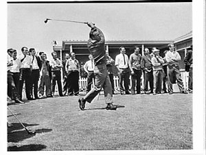 Golfer Arnold Palmer playing at the Lakes Course
