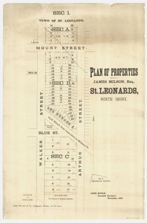 Plan of properties, belonging to James Milson, Esq., at St. Leonards, North Shore / John Boyle, Licensed Surveyor.